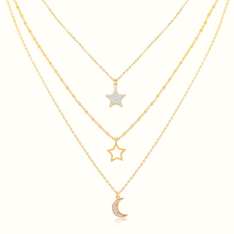 Women's Vermeil 3 Layered Diamond Star Moon Necklace Pendant The Gold Goddess Women’s Jewelry By The Gold Gods